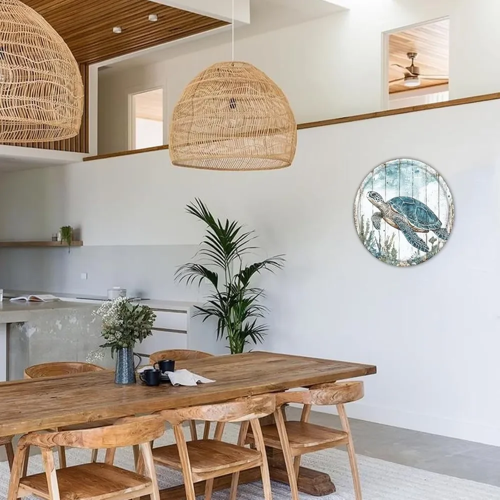 لافتة دائرية من القصدير مع السلاحف البحرية المبهجة، 20 سم - ديكور على الطراز الساحلي