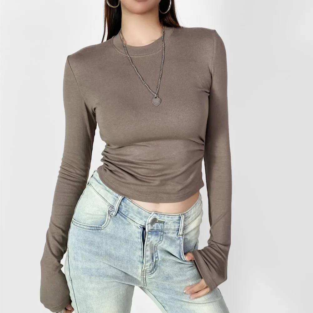 Y2K Winter Warm Round Collar Tee Women Skinny Stretch Full Sleeve Base T-shirts Yoga Ruched Waist Cropped Blouses Korea Clothes