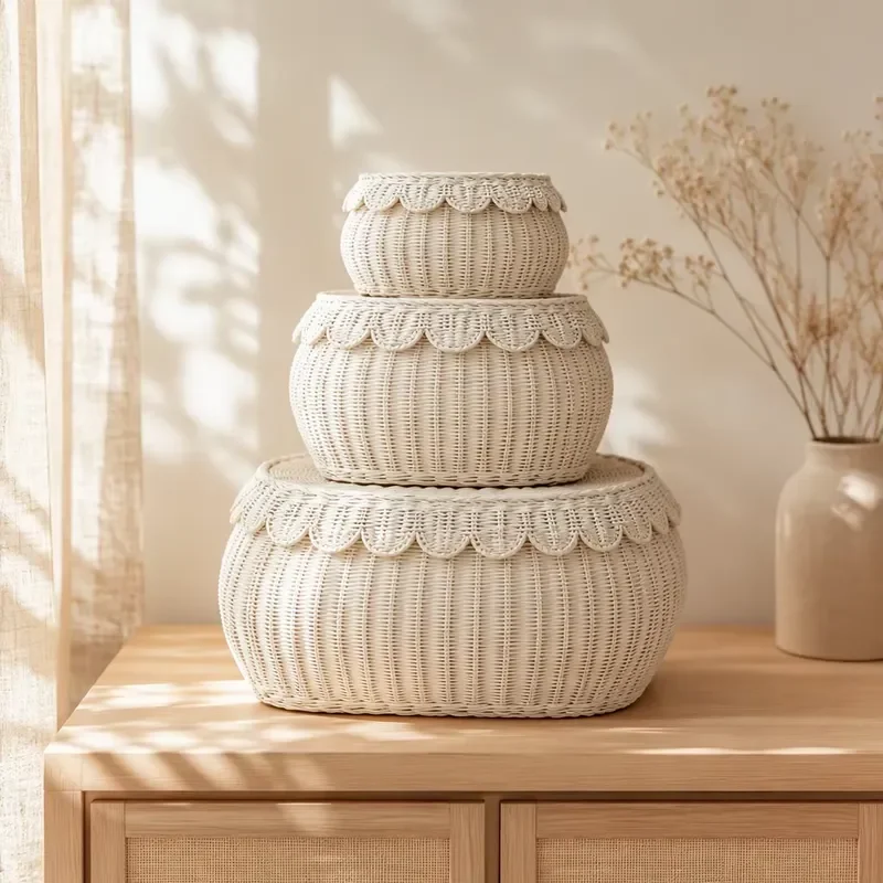 Wholesale Modern Handmade Environmentally Friendly Wave Edge Rattan Rope Storage Basket Set 3-piece Woven Wave Storage Box