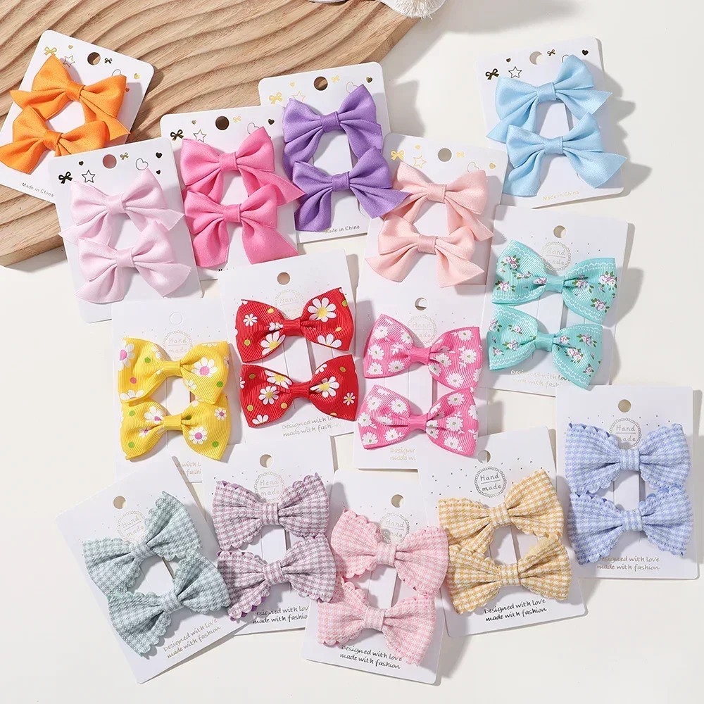 2Pcs/Set Solid Color Kids Bows Hair Clips for Baby Girls Handmade Plaid Bowknot Hairpin Barrettes Photograph Hair Accessories