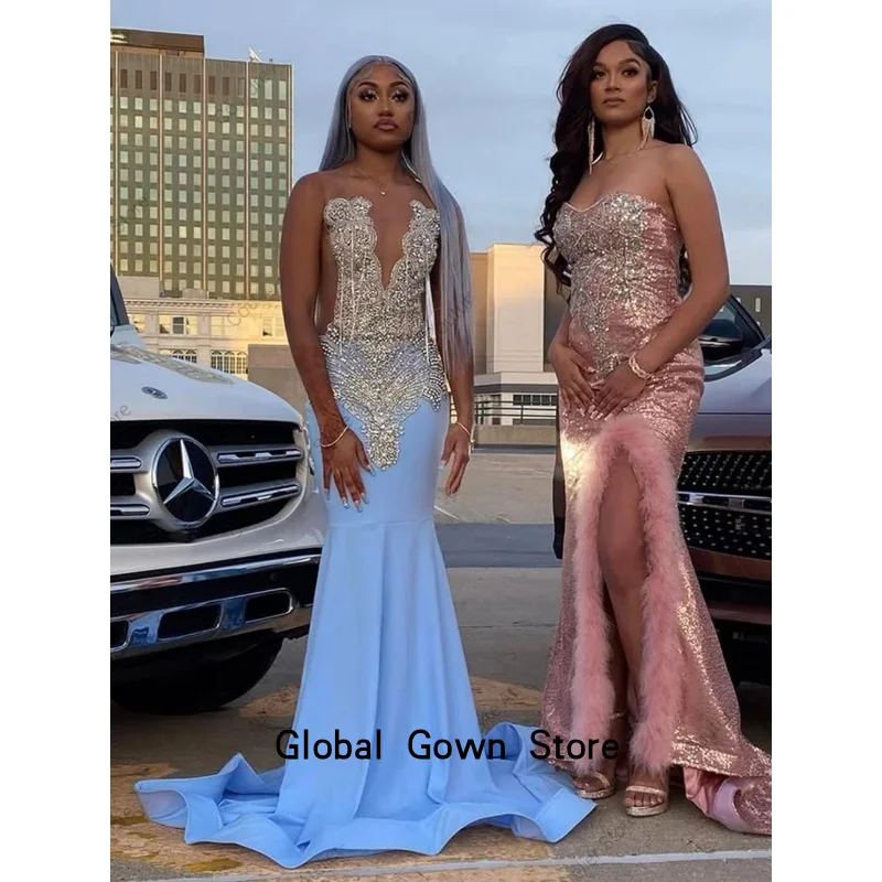 Ebullient bebê azul cristal strass sereia vestidos de baile 2026 preto meninas vestido festa noite luxo celebridade personalizado