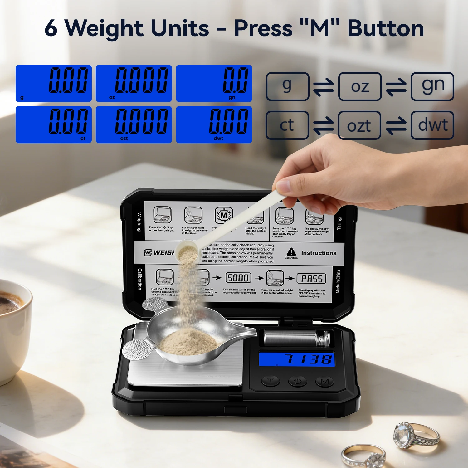 High Precision 50g/0.001g Digital Jewelry Scale, LCD/Tare, 6 Units, Microgram Scale for Coins, Gold, Reloading, w/ Cal Weight