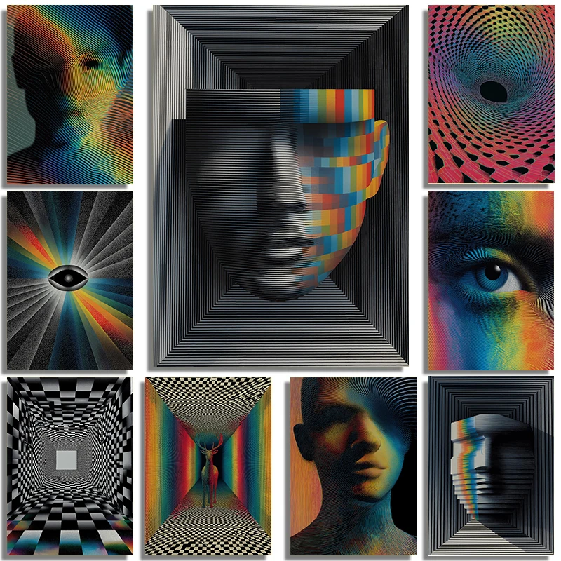 Psychedelic Digital Face Surreal Silhouette Posters Spiral Tunnel Futurism Prints Canvas Painting Wall Pictures Home Room Decor