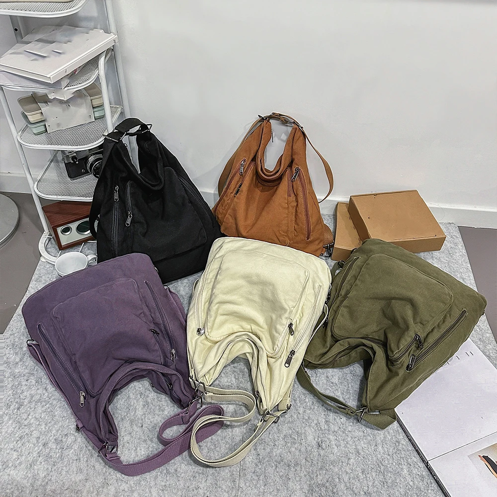 حقيبة كتف ذات سعة كبيرة متعددة الأقسام من قماش ريترو للجنسين، حقيبة كروس متعددة الوظائف على طراز الكلية #2