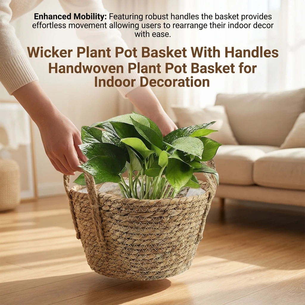 Natural Wicker Plant Pot Basket with Handles Handwoven Planter Cover for Indoor Desktop Decor Home Office Cafe Use Toys Storage