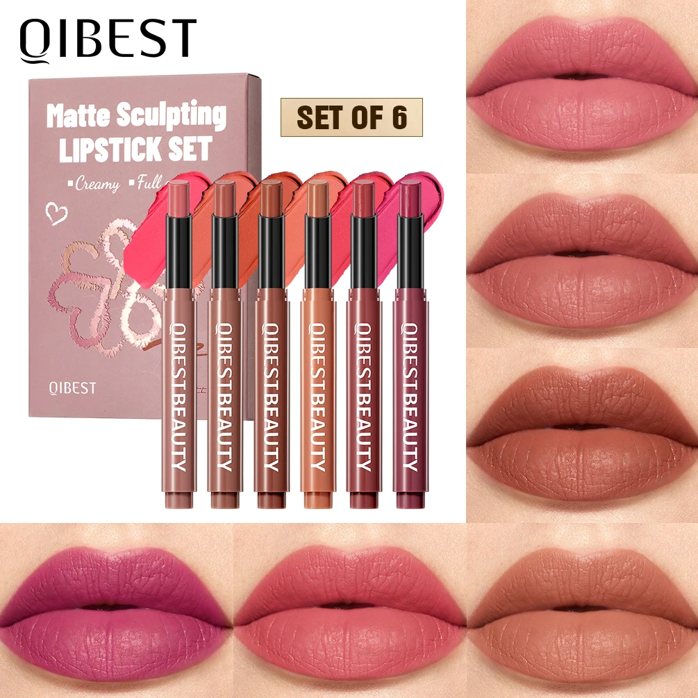QIBEST 6 Colors Matte Lipstick Pen Makeup Set Long Lasting Nude Purple Brown Lip Stain Moisturizing Lip Tint Nourishing Cosmetic