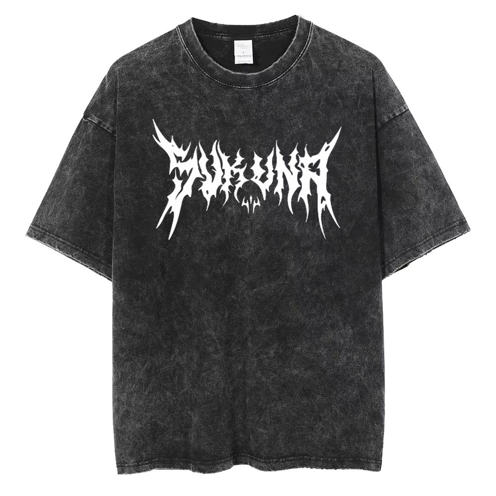 Unisex Vintage Acid Wash T-Shirt mit dunklem Symbol-Grafikdruck, Gothic Punk Oversized Loose Fit Baumwolle Kurzarm Y2K Streetwear Tee – Detail 7