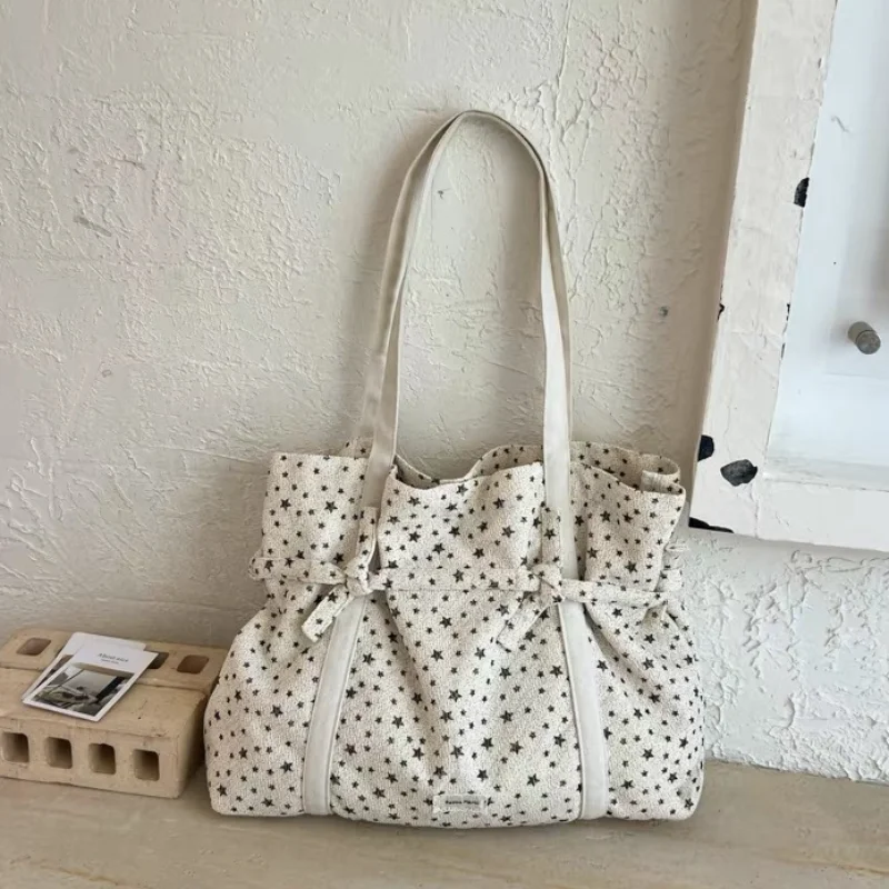 

Korean Star Print Tote Bag Bow Decor Large-capacity Polka Dot Canvas Shoulder Bag Casual Pleated Design Daily Commuter Handbag