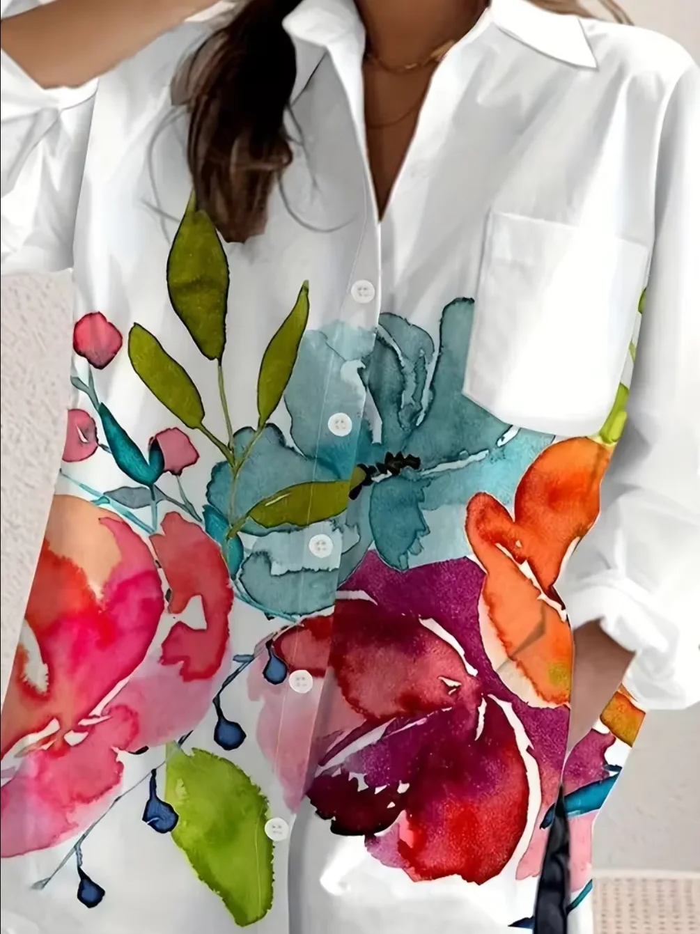 Damen-Bluse mit Blumenmuster, Langarm, Knopfleiste, Polyester, Lässiger Kragen, mit Taschen, für Alle Jahreszeiten – Detail 1