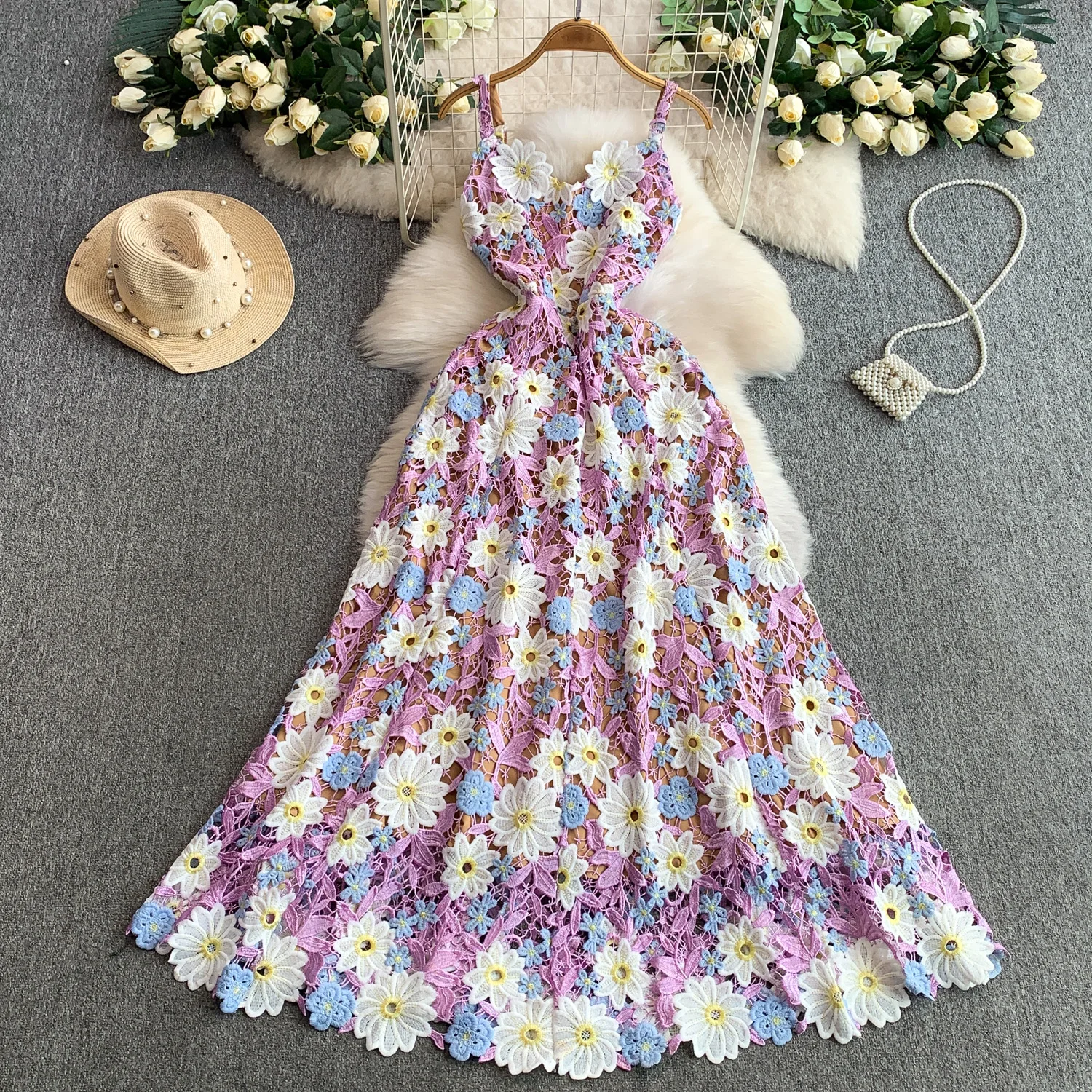 أنيقة خمر الدانتيل الأزهار Ruched الجوف خارج أنيقة الجنية الكورية أزياء بوهو فستان الشمس النساء الملابس فستان طويل