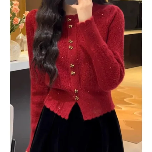 여성용 크리스마스 스웨터 니트 가디건, 집업 루즈핏 사슴 눈송이 패턴, 겨울 코트, 빈티지 따뜻한 한국 스타일, 명절 선물 