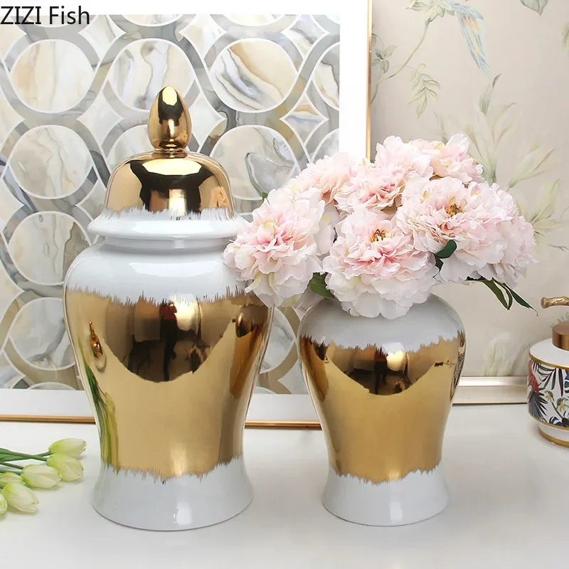 

Minimalist Gold Plated Porcelain General Jar with Lids Ceramic Flower Vases Desk Decoration Jewelry Jars Cosmetic Containers