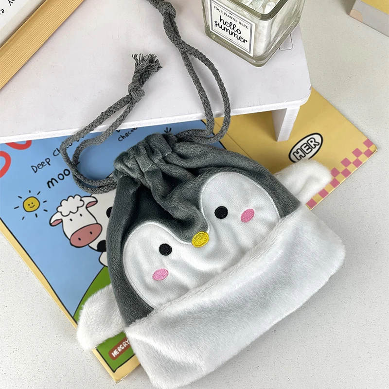Cartoon Penguin Plush Drawstring Bundle Pocket Plush Portable Large Capacity Handbag Cosmetic Cell Phone Sundry Organizer
