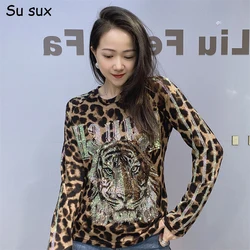 Leopard Sequins Tiger Head Long Sleeve Tops Women Y2k Clothes Casual Pullover Bottoming Shirt Vestidos Femme Overalles 2024 New