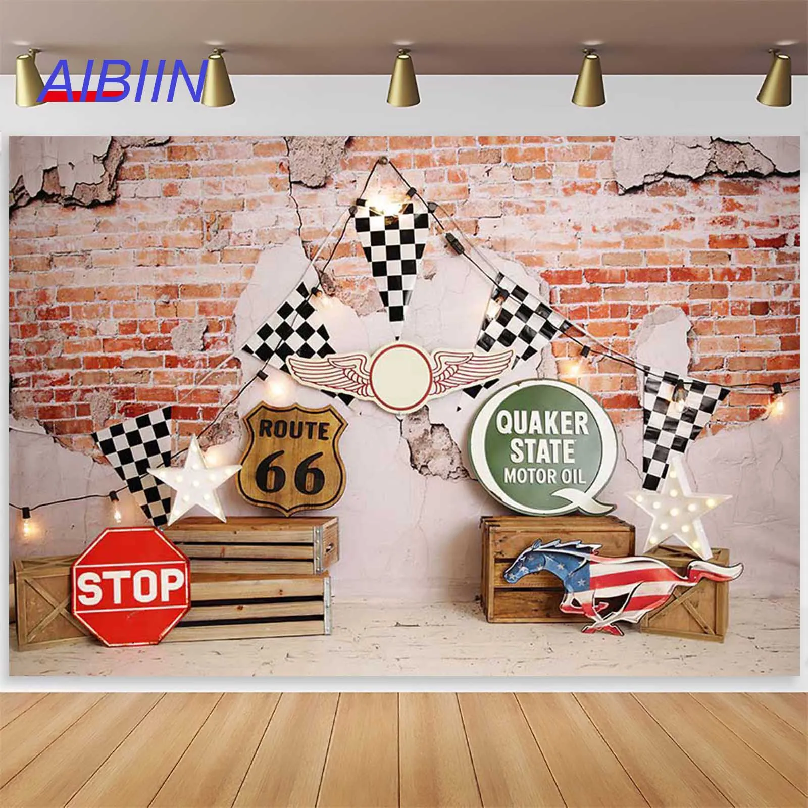 

Racing Car Boy Portrait Backdrop Flags Retro Brick Wall Cake Smash Photography Background Birthday Cake Photozone Party Decor