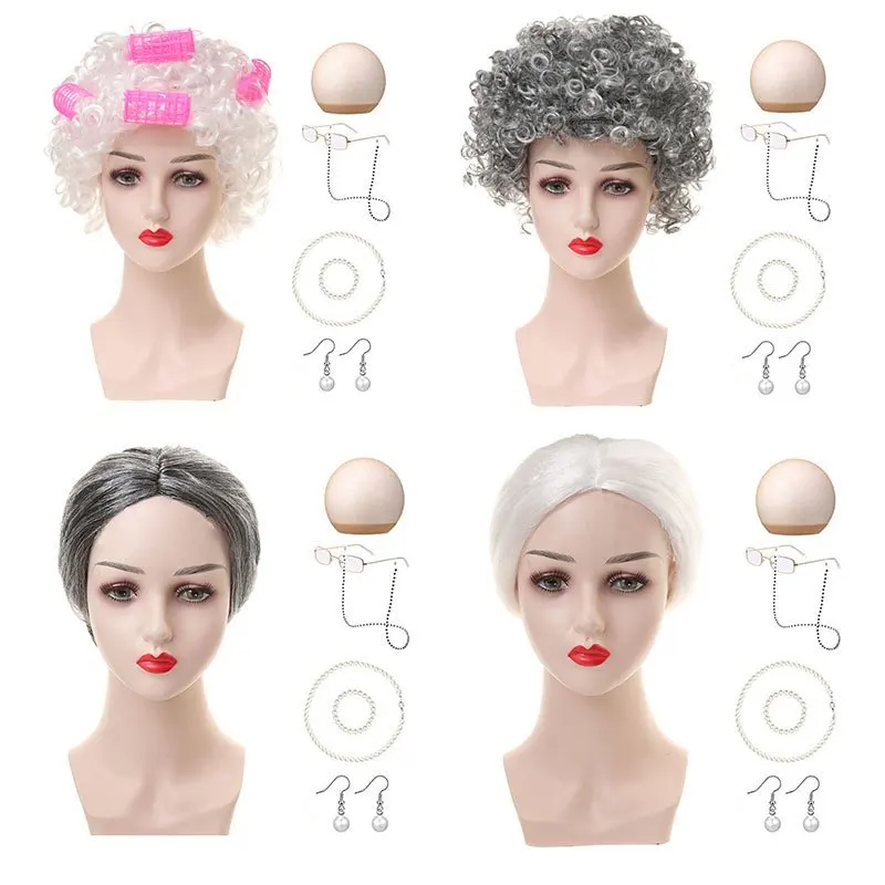 

Granny Wig Gray Granny Wig Set Charter Wife Styling Curling Iron Old Granny Curling Iron Props Seven-piece Set