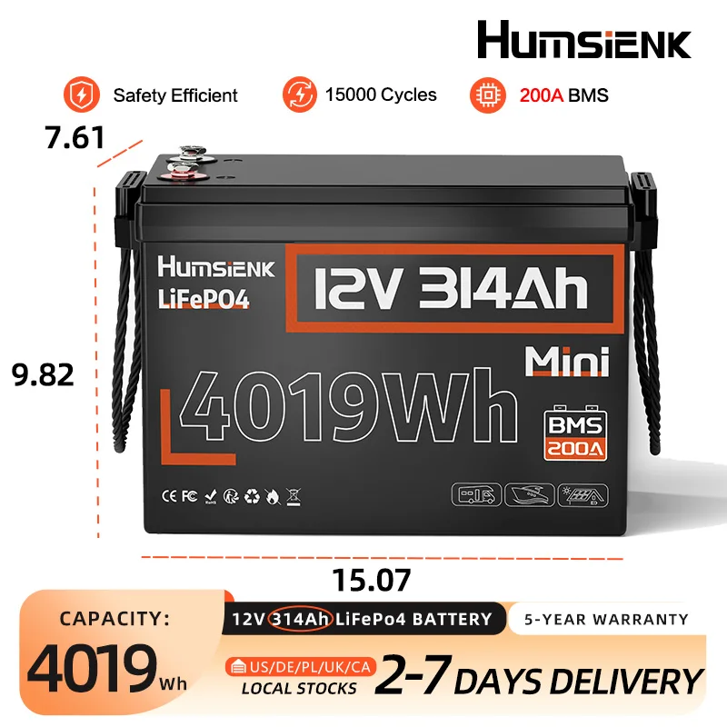 Humsienk 12V 314Ah LiFePO4 Battery, Size MINI, Capacity 4019Wh, Built-in 200A BMS, 15000+ Deep Cycle, For Fishing, Portable Power Station, Golf Cart, Boat, Marine, Off-Grid, Solar, 5-Year Warranty