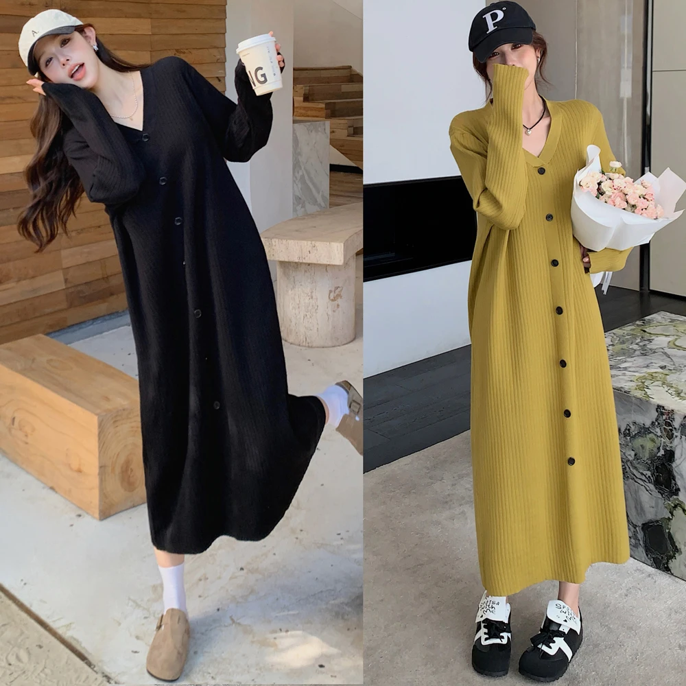 NYFS 2024 Autumn Winter New Korea Woman Dress Vestidos Elbise Loose Plus Size V-neck knitting Bottoming Long Dresses