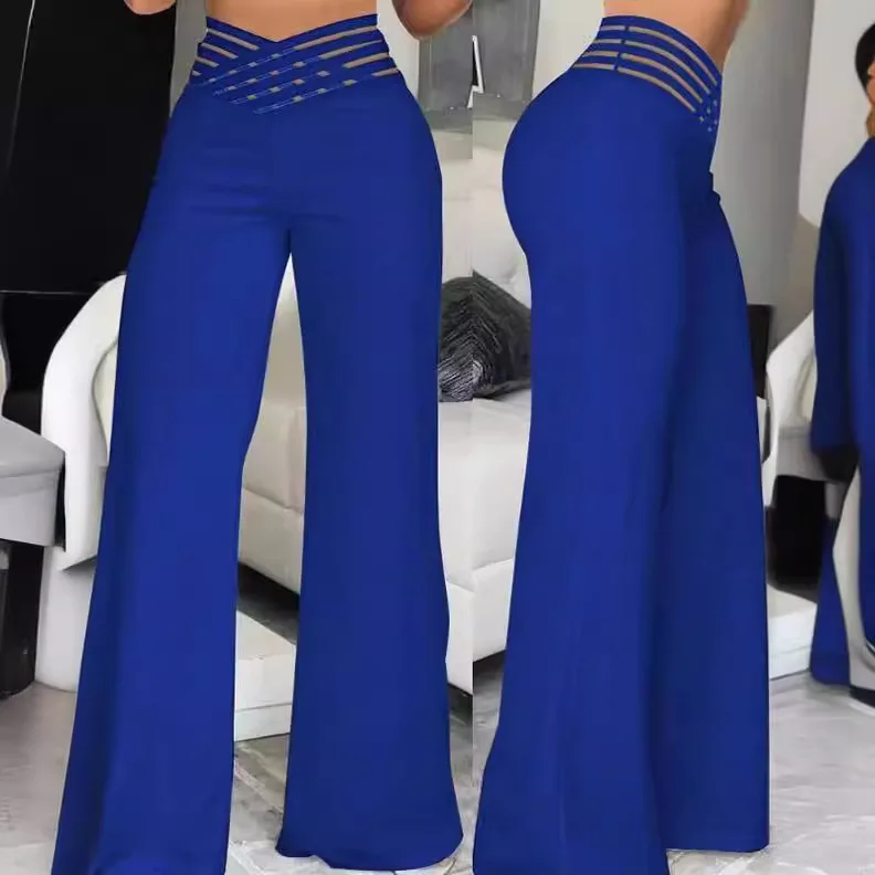 2026women's New Trend High Quality Temperament Elegant Solid Color Hollow Belt High Waist Straight Loose Trousers Wide Leg Pants