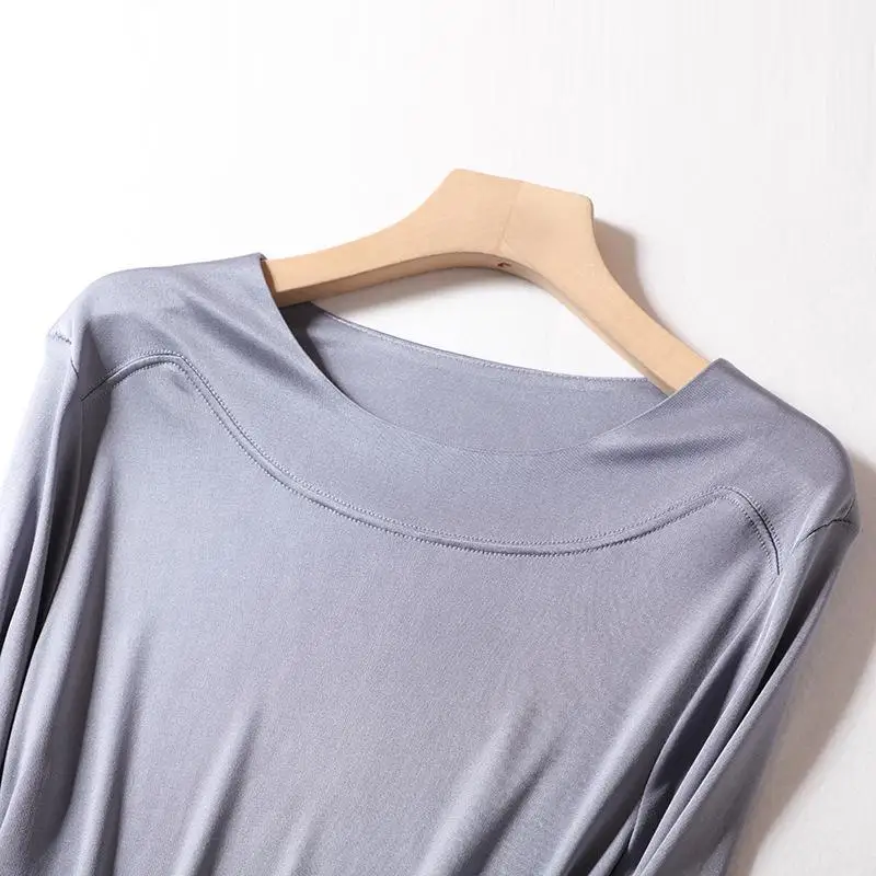 Woman Casual T Shirts Basic Slash Neck Long Sleeves Real Silk Blend Cozy Tee 2023 Spring Summer New Chic Top Green DALINN