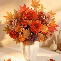 Artificial Flowers Bouquet Fake Floral Stems With Maple Leaf Pumpkin Thanksgiving Halloween Home Table Centerpiece Decoration