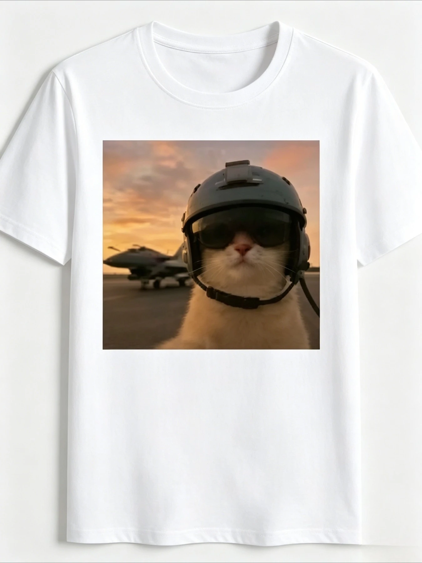 Funny Pilot Cat Photo Graphic T-shirt Men Cotton Cute Meme Loose Oversized Casual Daily Short Sleeve Tops