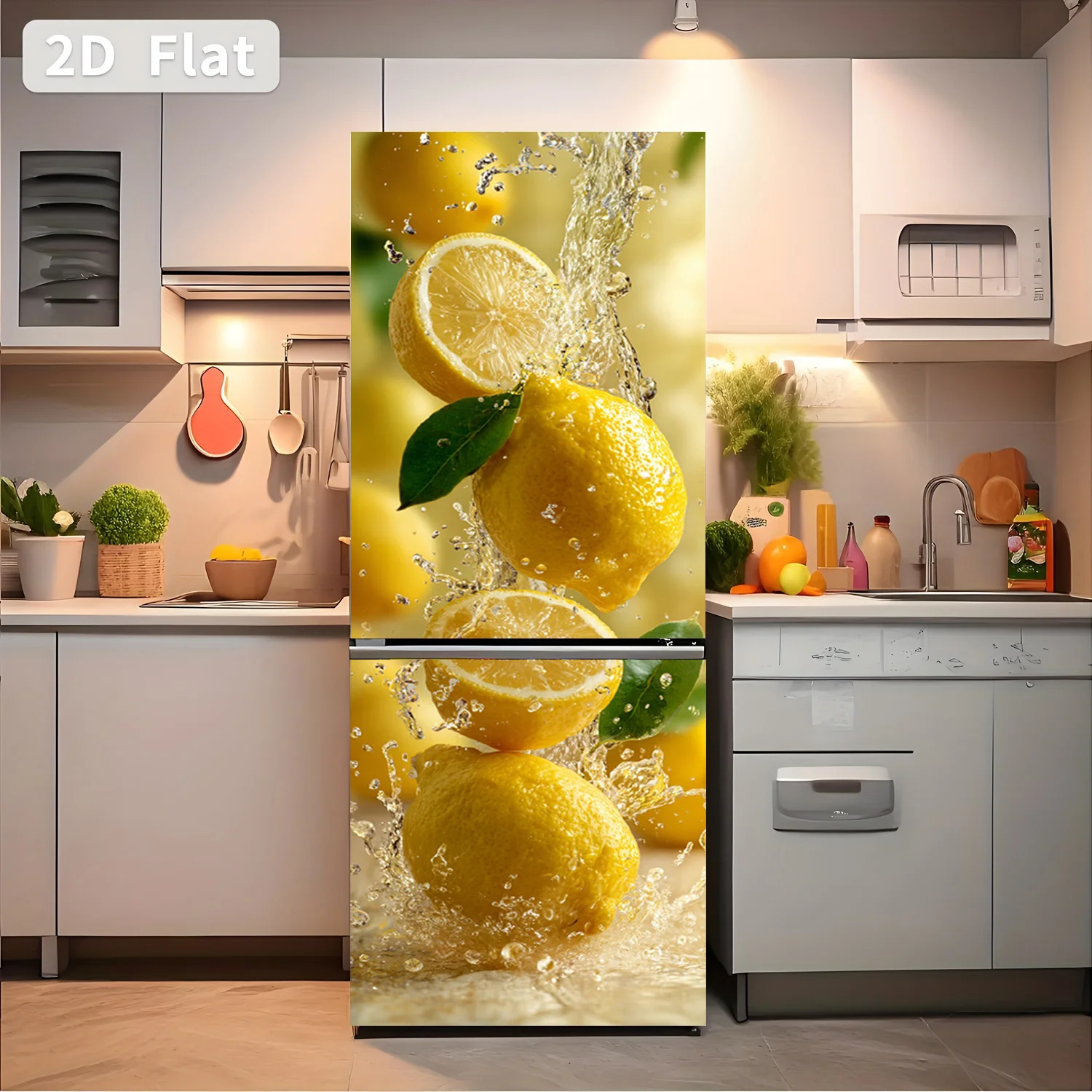 of  Printed Refrigerator Sticker, Measuring, Featuring a Lemon in Water Design. This Self-Adhesive Wall Decoration Is Suitable