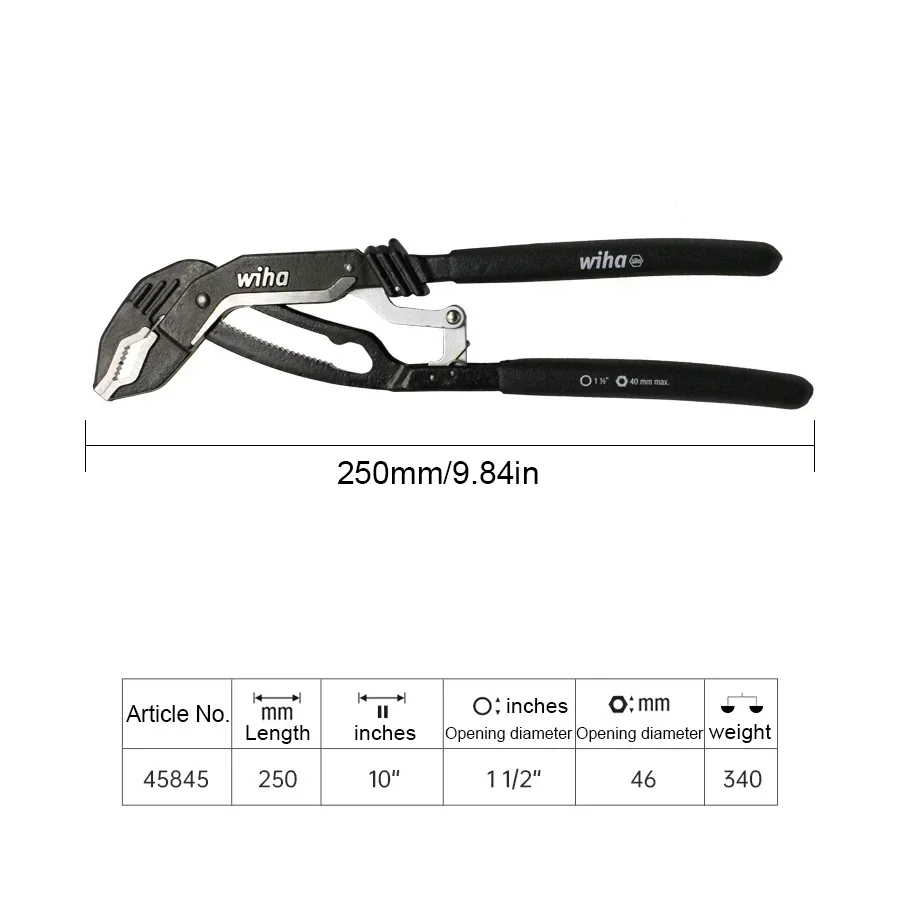 WIHA 45845 Adjustable Water Pump Plier 10 Inch with Comfort Grip Ratcheting Push Button Black Forest Classical Water Pump