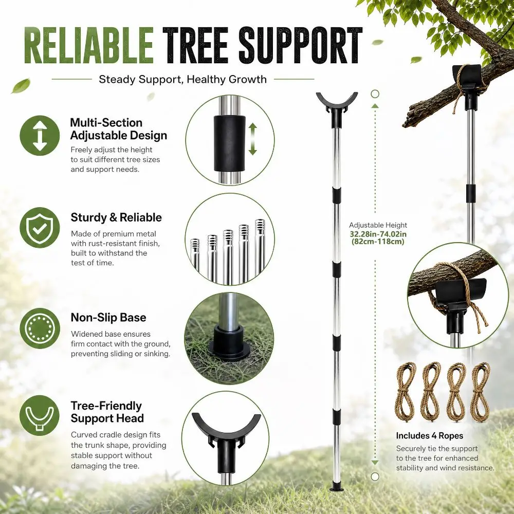 Stainless Steel Tree Support Stake 1.5m/1.9m Sturdy Branch Support Brace Prevent Breakage Durable Garden Plant Stake