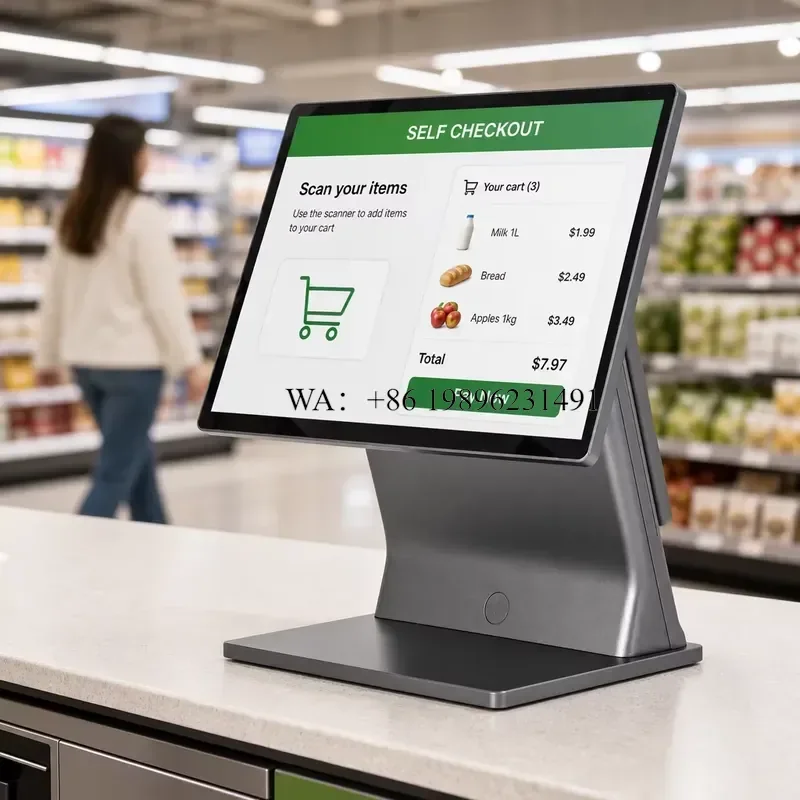 Supermarket Self Checkout Kiosk 15.6 Inch Rotatable Touchscreen POS Terminal Thermal Printer Barcode Scanner NFC