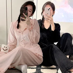 Autumn Winter Long Sleeve Sexy V-neck Thick Warm Gold Velvet Pajama Sets For Women Korean Cute Sleepwear Pyjama Homewear Clothes