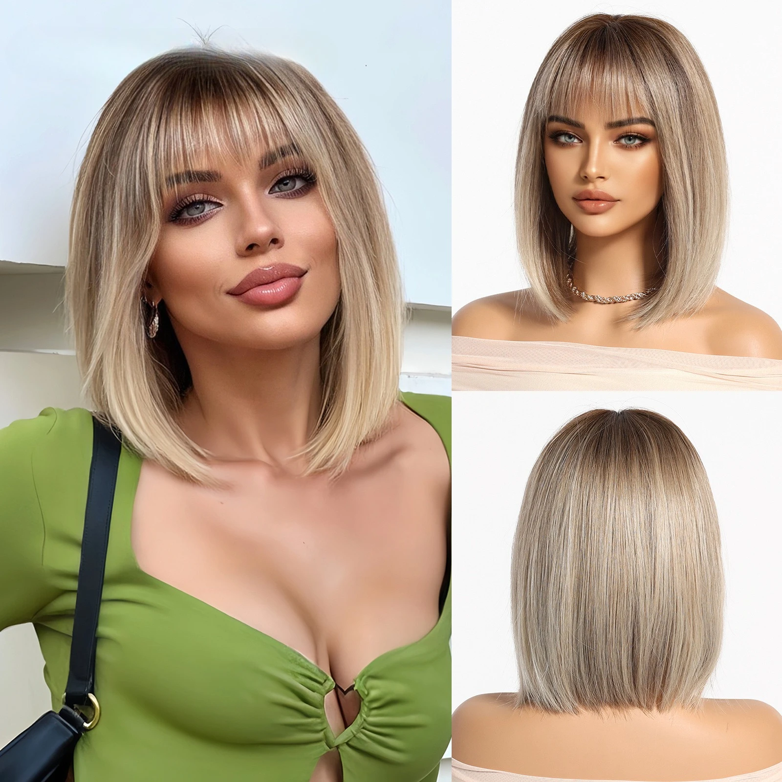 

Spring and summer hot-selling natural breathable Qi bangs gradual change gold short straight hair Bobo European and American sty