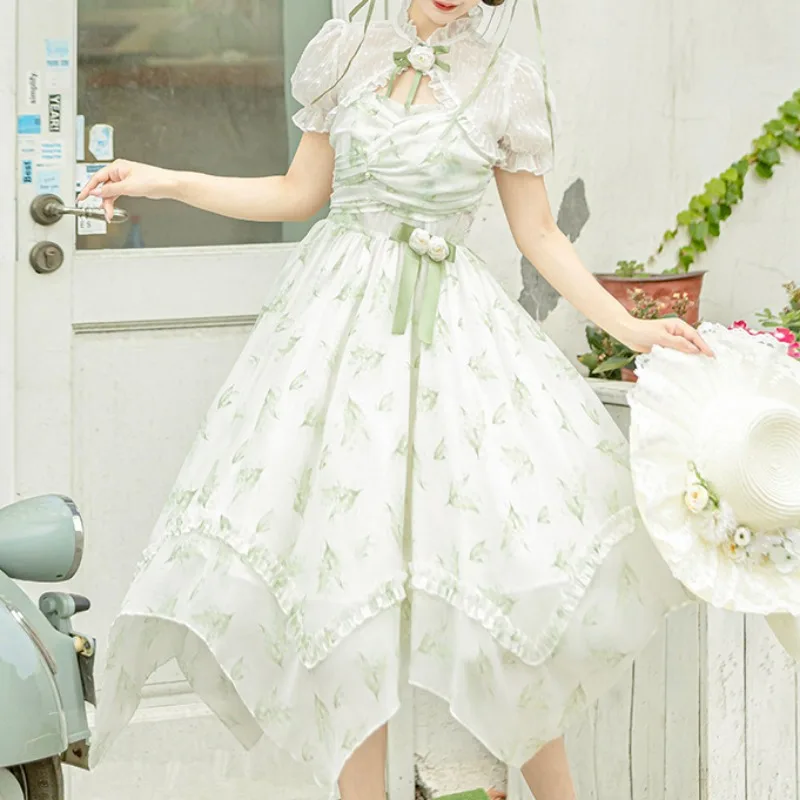 2025 新しい夏のレディーススウィートエレガンスロリータノースリーブキャミソールドレス + ファッション女性かわいい半袖ショールトップス 2 点セット