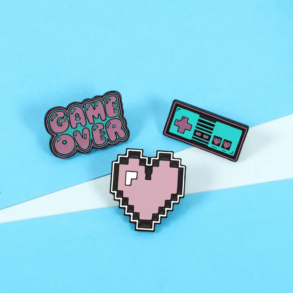 Pixel Art Enamel Pins Pixel Games Lapel Pins Game Over Cartoon Brooches Vintage Retro Game Metal Badges Heart Pins Up Wholesale