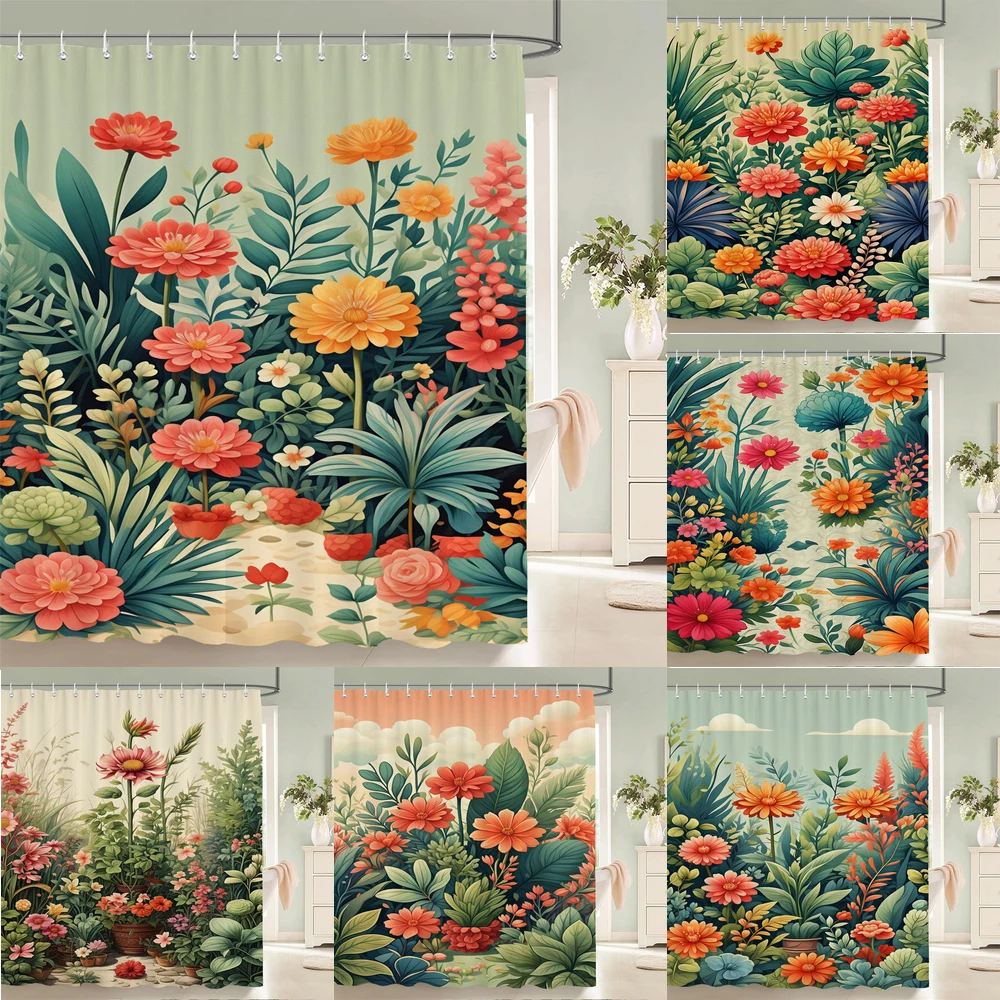 

Watercolor Floral Shower Curtain Flower Bath Curtain Print Polyester Fabric Waterproof Bathroom Curtains with Hooks Bath Screen