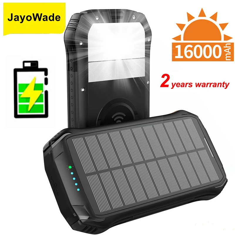 

JayoWade 16000 мАч Солнечная батарея Быстрое беспроводное зарядное устройство для iPhone 15 Samsung S24 PD 18 Вт Быстрая зарядка Powerbank Кемпинговый светильник