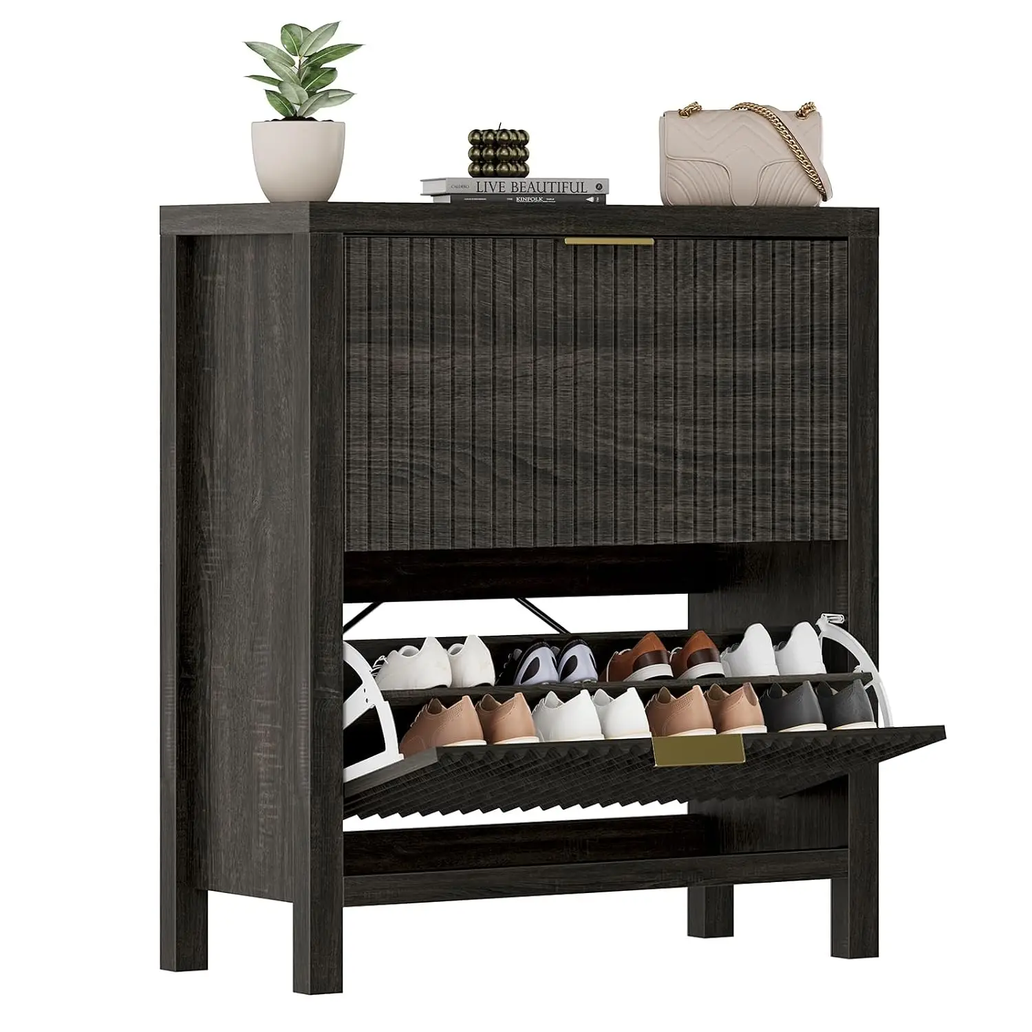 Aliexpress 31.5" Fluted Shoe Cabinet with 2 Flip Drawers, Hidden Storage, Adjustable Shelf, 4 Legs for Entryway Bedroom Hallway, Customized - Aliexpress Deal