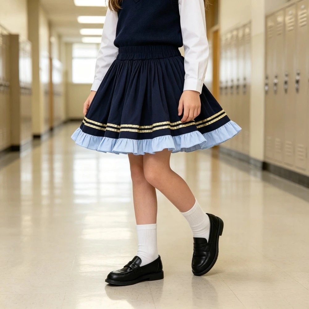 School Girls Skirt Ruffled Hem Mini Skirt Striped Trim Smocked Elastic Waistband Cute Casual Daily Bottoms Navy Blue Autumn New