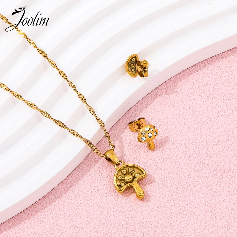 Joolim Jewelry Wholesale No Fade Fashion Cute Mushroom Umbrella Zirconia Pendant Waved Chain Stainless Steel Necklace for Women