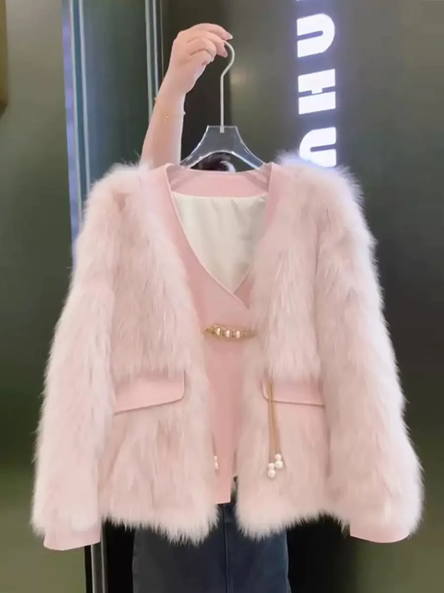 

Cross-Border Short Women's Faux Fur Coat Luxury Sensation V-Neck Long Sleeve Regular Fit Fashionable Commute Style Top