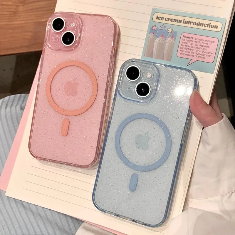 Luxury Glitter Magsafe Transparent Phone Case For iPhone 13 14 15 16 Pro Max Plus Magnetic Clear Bumper Cases Cover