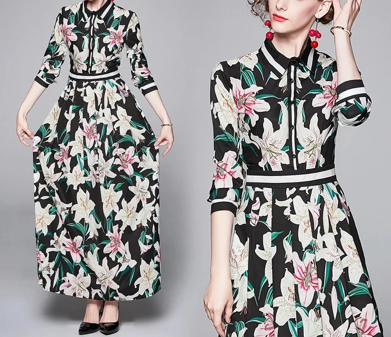 2024 New Glamour Runway Shirt Dress Women's Lapel Short Sleeve Gorgeous Flower Print Single Breasted Belt Pleated Midi Vestidos