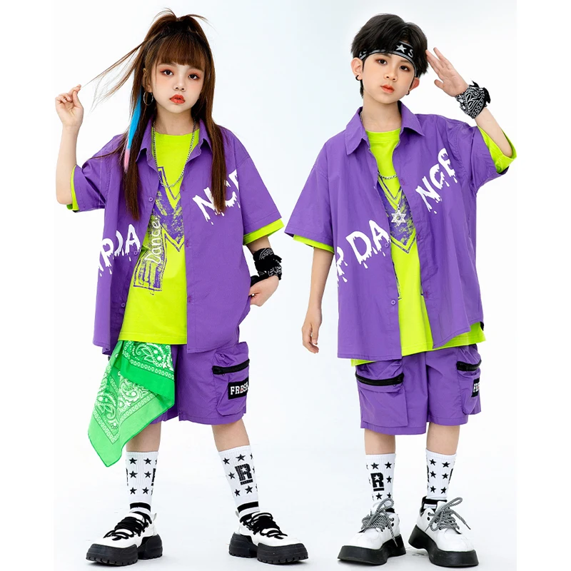 2026 Ballroom Hip Hop Dance Costumes For Girls Purple Tops Cargo Shorts Streetwear Boys Jazz Performance Rave Clothes DQS13988