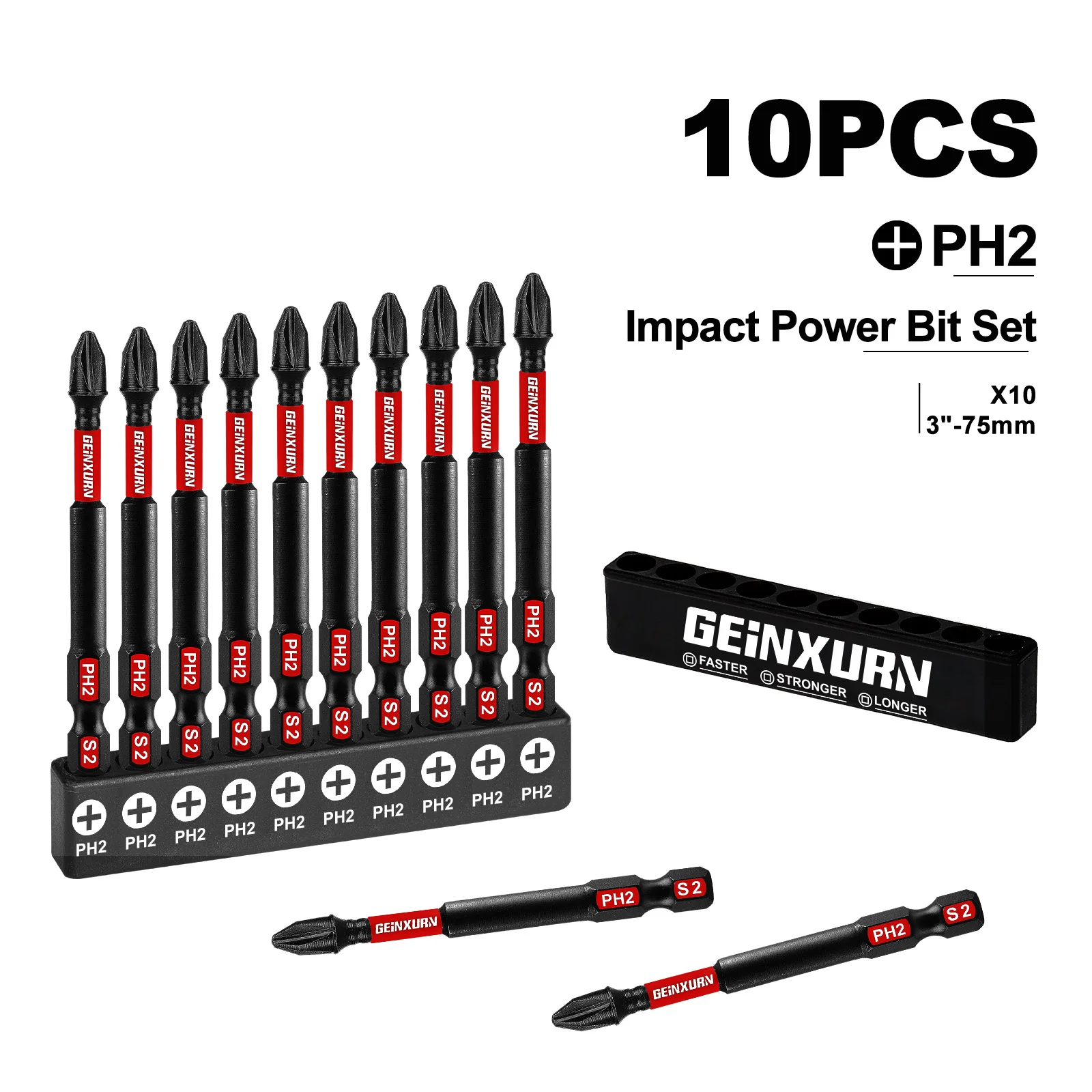 US Warehouse Stock Set 10 PH2 75mm 3Inches High-Torque S2 Steel Torx Screwdriver Bits for Construction Furniture DIY OEM