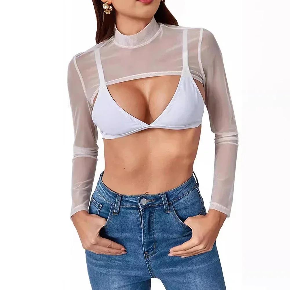 Ultra-thin Long Sleeves Women Mesh Transparent Elastic Crop Tops Blouse T-shirt