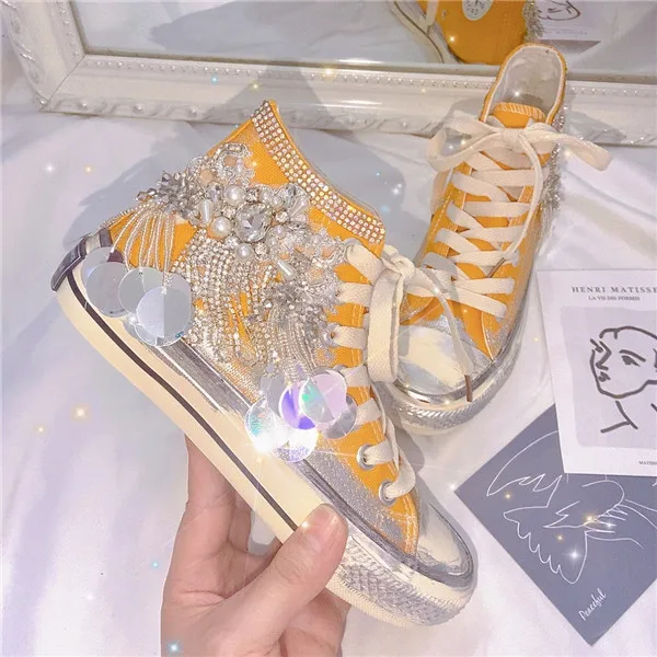 Women Yellow Sneakers Crystals Tassels Round Toe Comfortable Tassel Diamond-encrusted Round Toe Flat Espadrilles Fashion Shoes