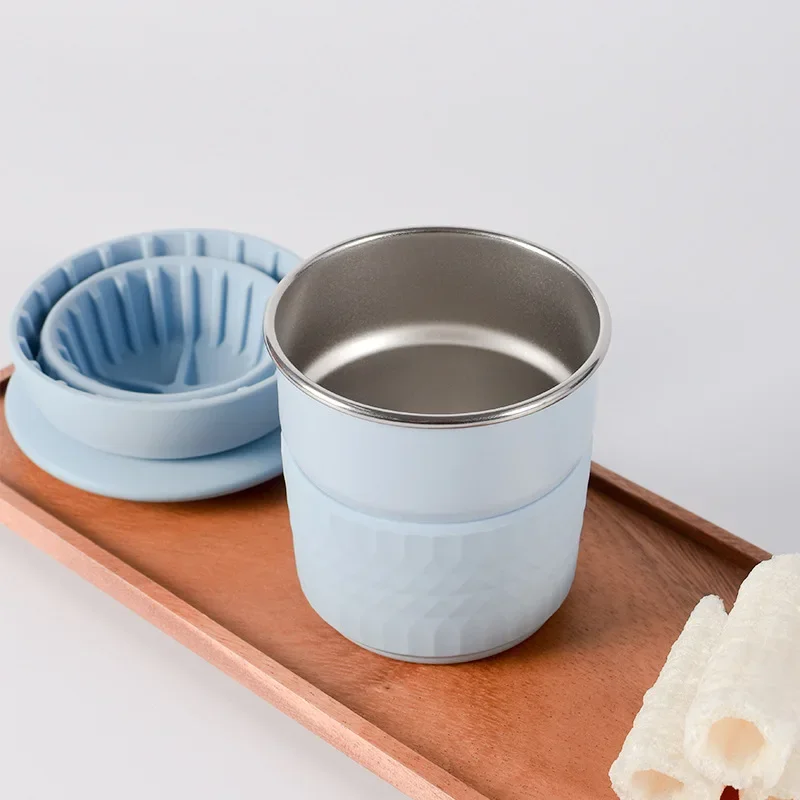 Travelling Hand Brewed Coffee Set,Outdoor Car Camping Cake Shape Silicone Filter Cups,Starter Set Gift,Stainless Steel Cup