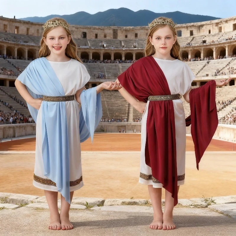 Kids Roman Toga Costume Greek Mythology White Robe Unisex Carnival Performance Wear