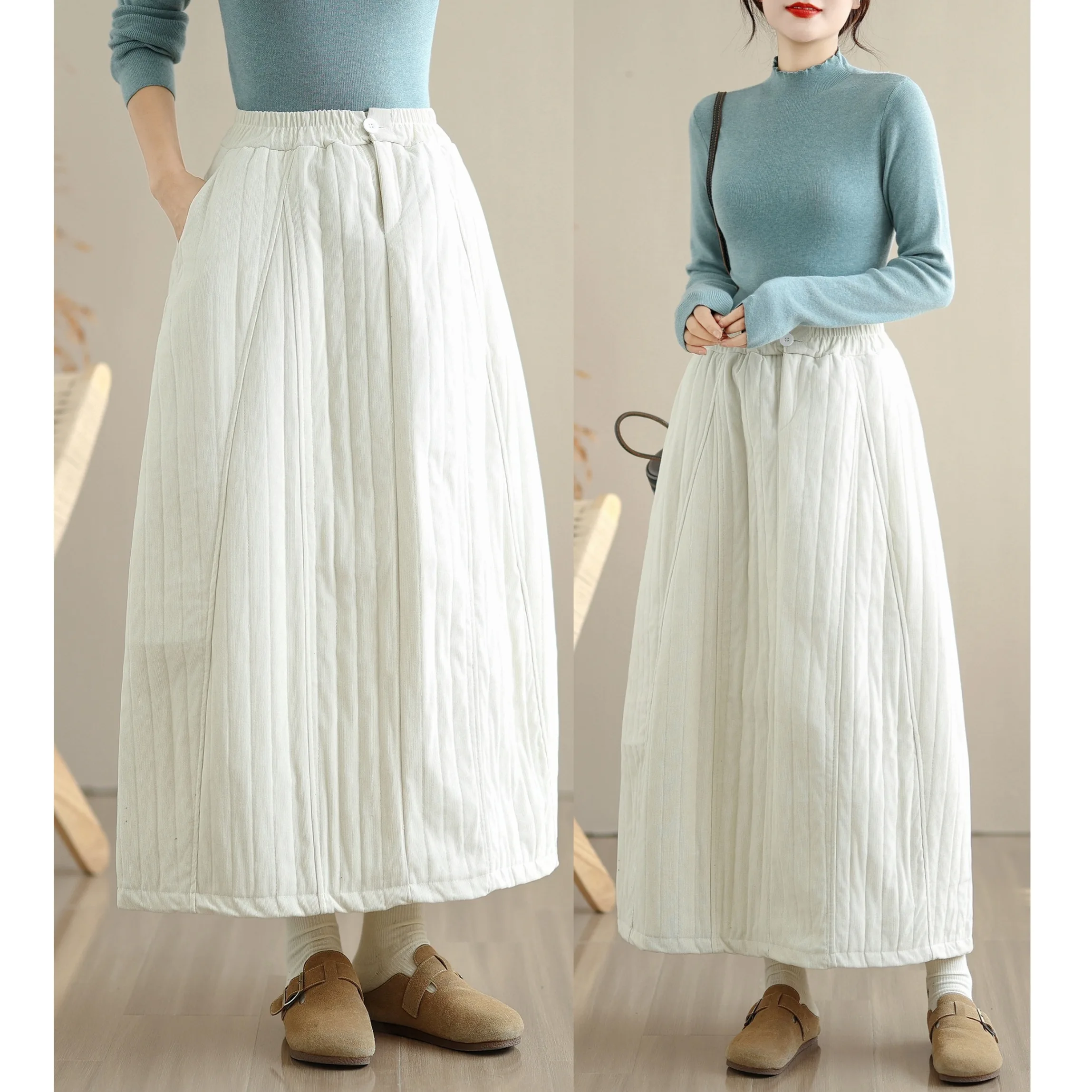 Winter Soft White Fluffy Cotton Half Skirt Women's Light Thin Long A-Line Skirt Literary Style Polyester Fiber Thickened Mid-...