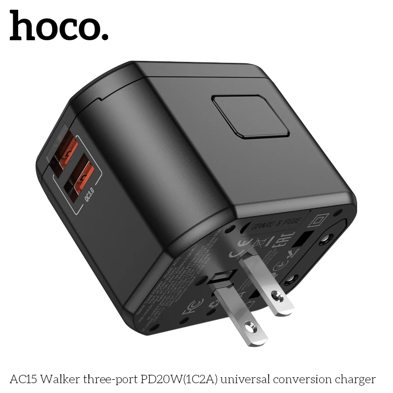 HOCO AC15 PD20W محول السفر العالمي شاحن يو اس بي تحويل ثلاثة منافذ المقابس نوع c الهاتف شحن سريع الولايات المتحدة الأمريكية الاتحاد الأوروبي المملكة المتحدة AUS المقابس